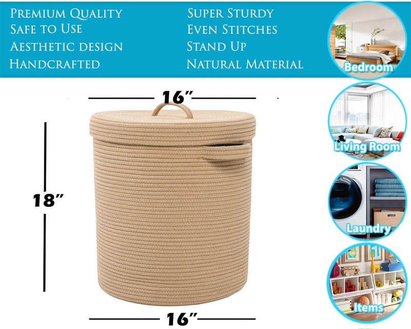 Cottonphant 16" x 16" x 18" Extra Large Storage Basket with Lid, Cotton Rope Storage Baskets, Laundry Hamper, Cloth Bin, for Clothes Towels Blankets Pillows Storage in Living Room, Full Beige with Cover - Image 2